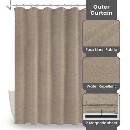 Faux Linen Wrinkleless Shower Curtain Set with Liner (Beige)