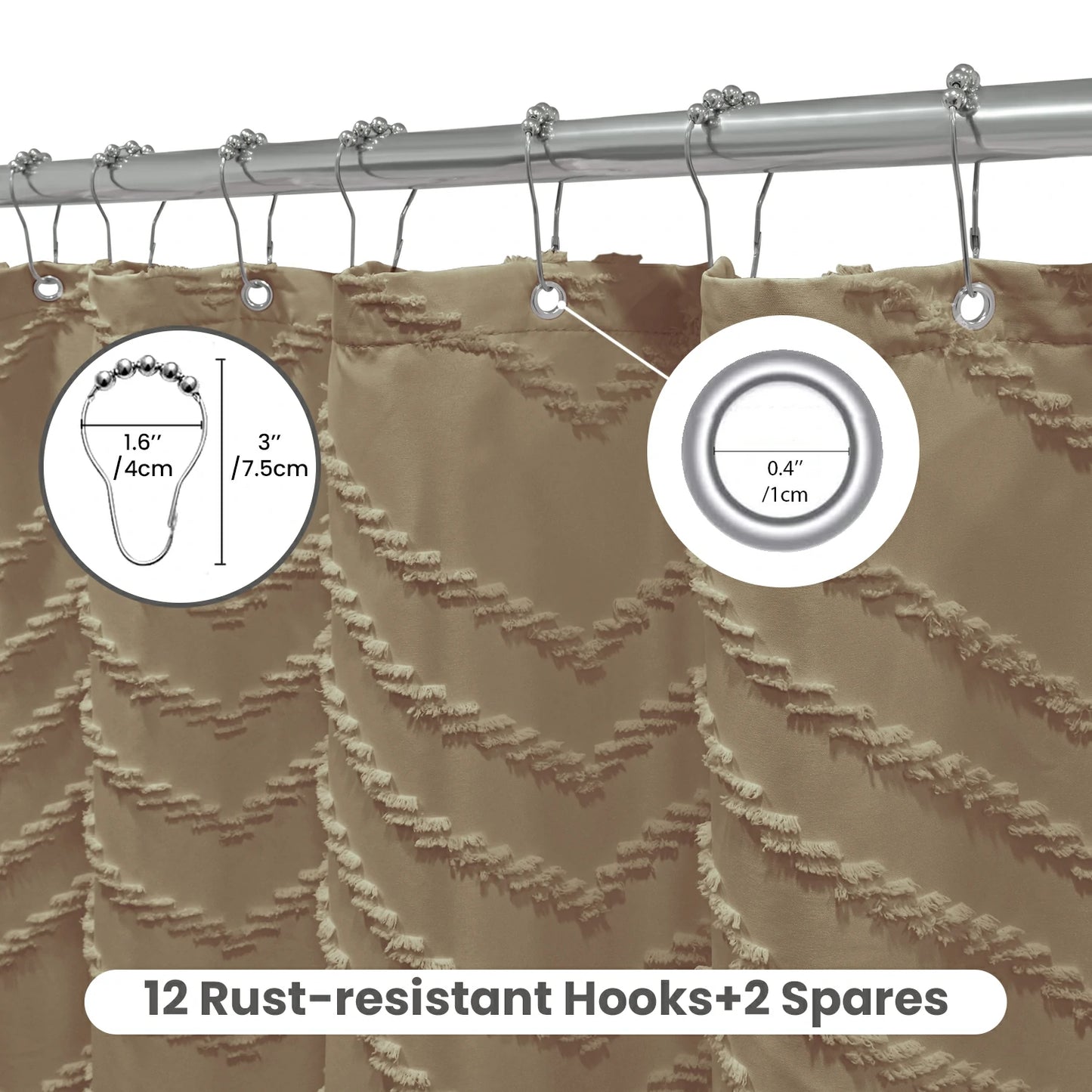 Tufted Textured Chevron Striped Tassel Shower Curtain (Beige)