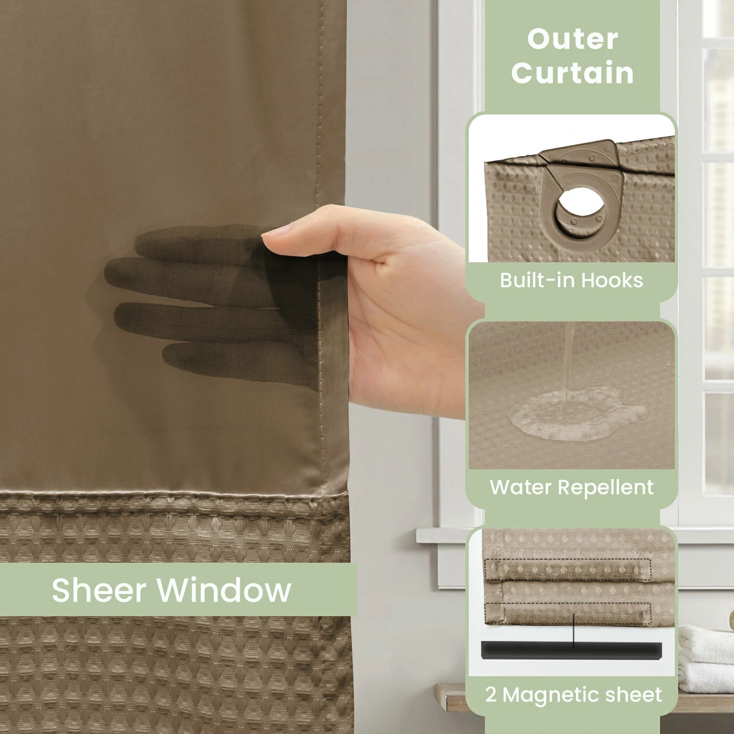Waffle Weave Hookless Shower Curtain Set with Window