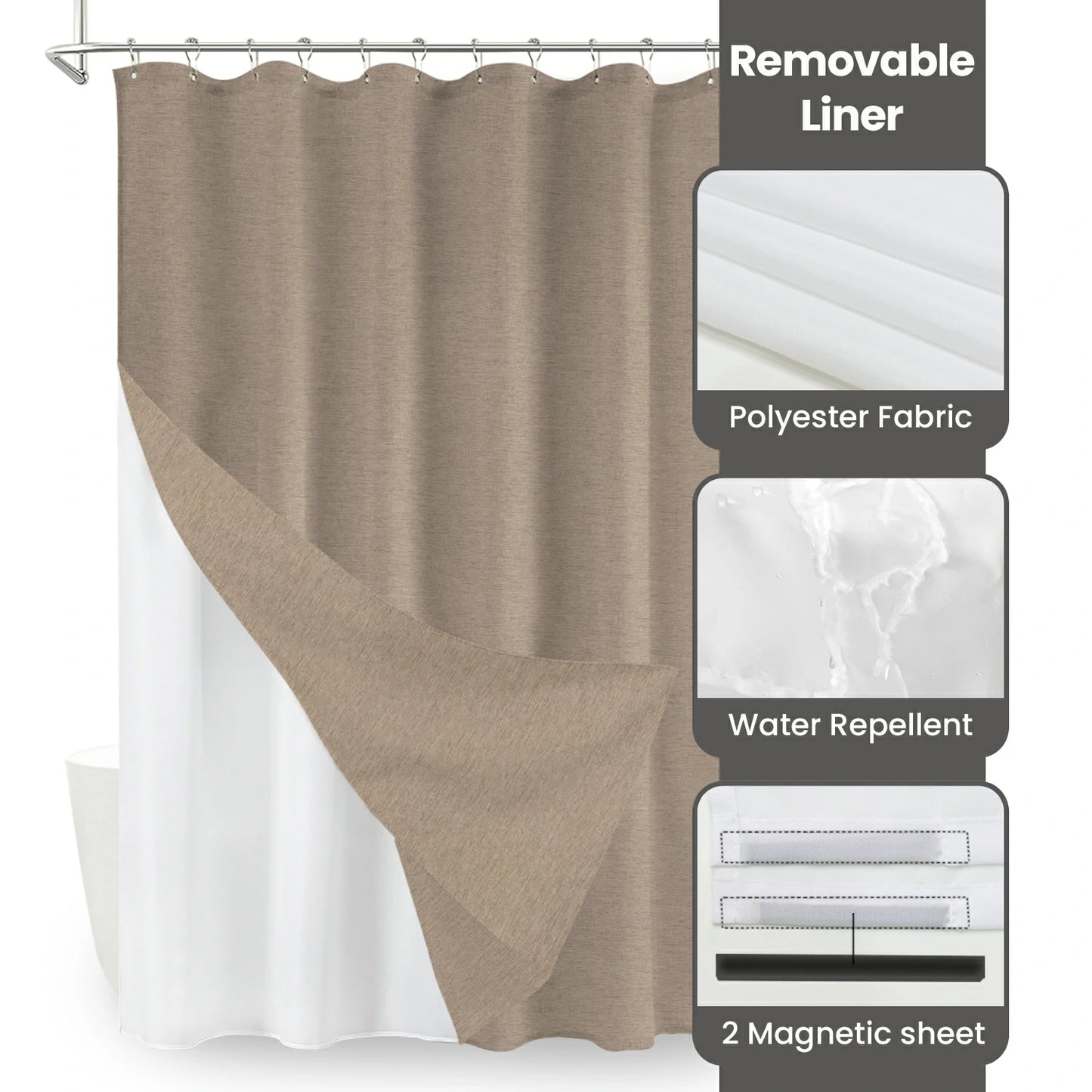 Faux Linen Wrinkleless Shower Curtain Set with Liner (Beige)
