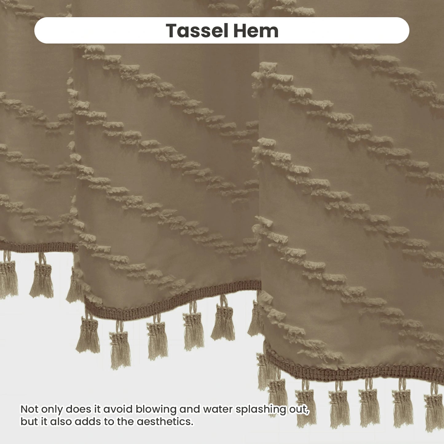 Tufted Textured Chevron Striped Tassel Shower Curtain (Beige)