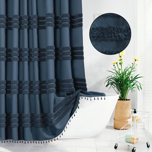Boho Tufted Textured Striped Tassel Shower Curtain