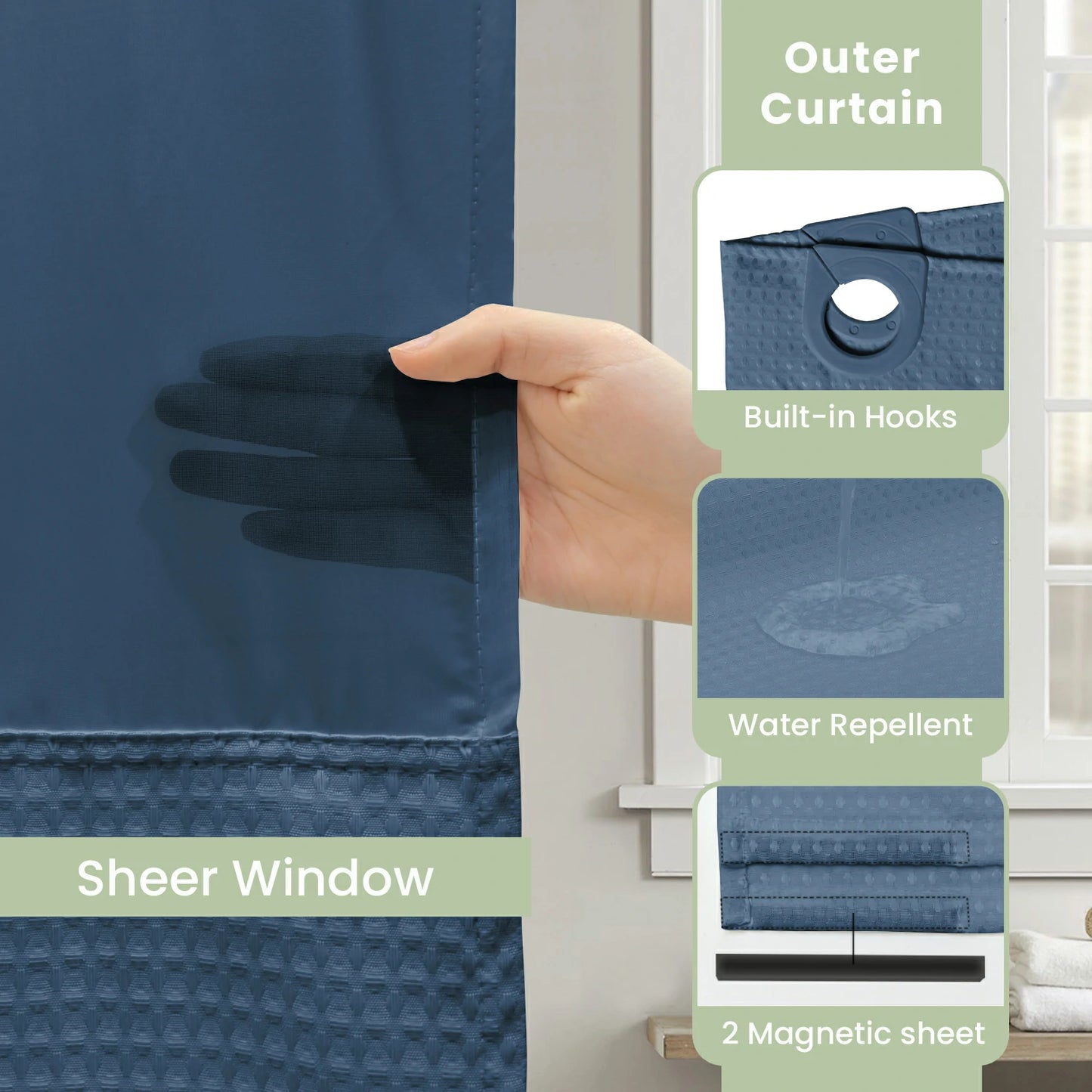 Waffle Weave Hookless Shower Curtain Set with Window