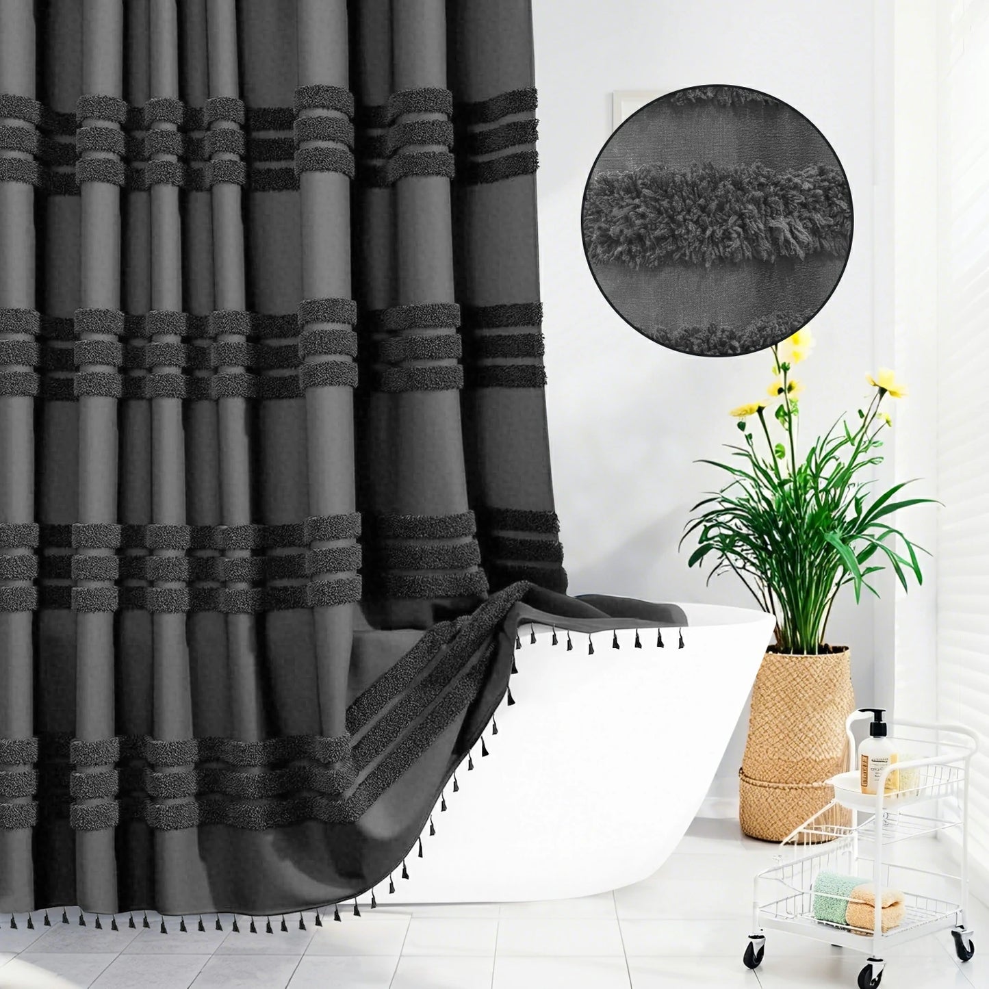Boho Tufted Textured Striped Tassel Shower Curtain