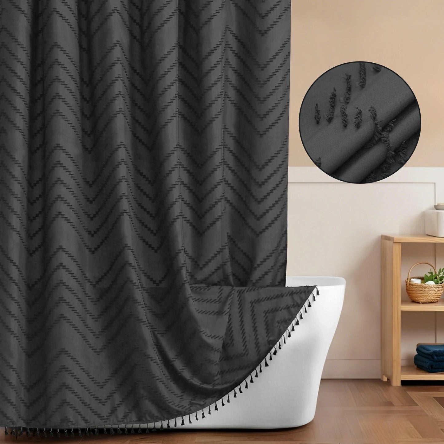 Tufted Textured Chevron Striped Tassel Shower Curtain
