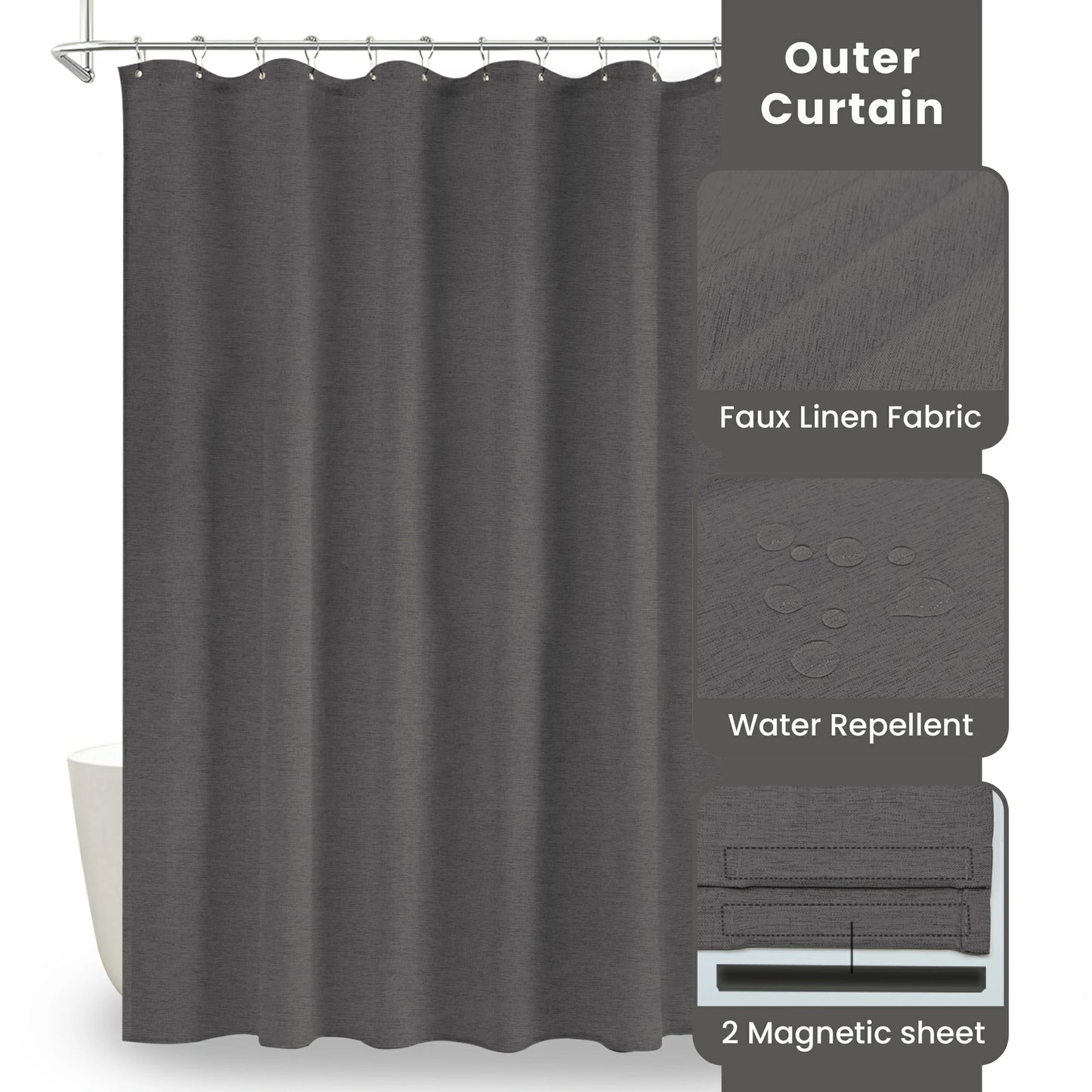 Faux Linen Wrinkleless Shower Curtain Set with Liner (Graphite Gray)