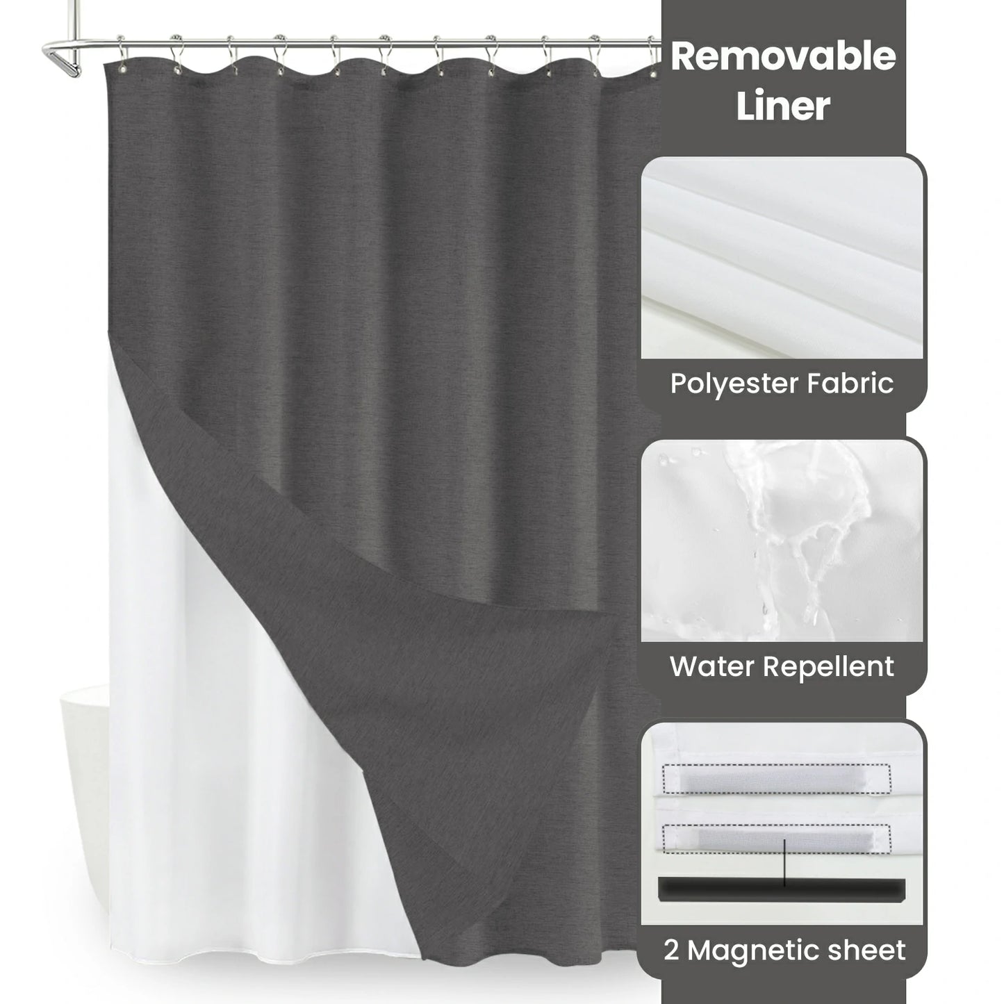 Faux Linen Wrinkleless Shower Curtain Set with Liner (Graphite Gray)