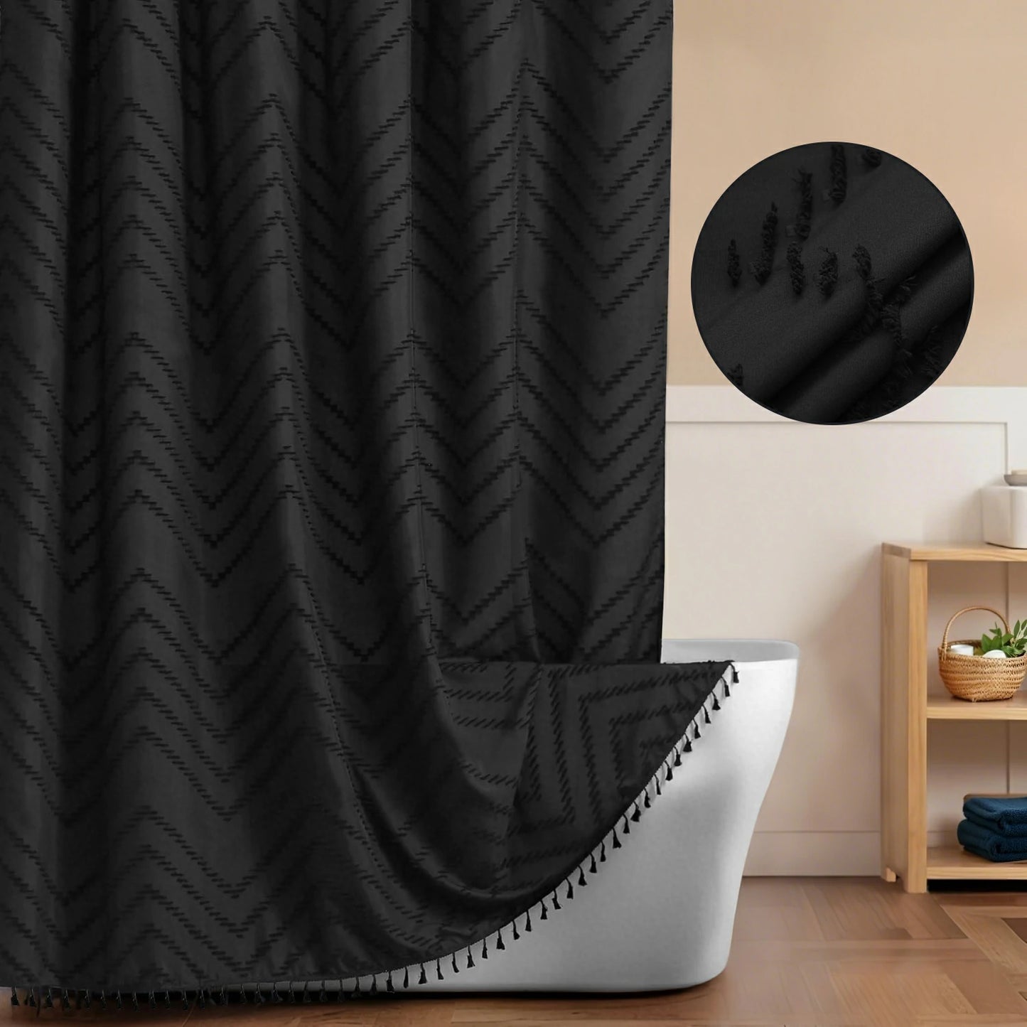 Tufted Textured Chevron Striped Tassel Shower Curtain