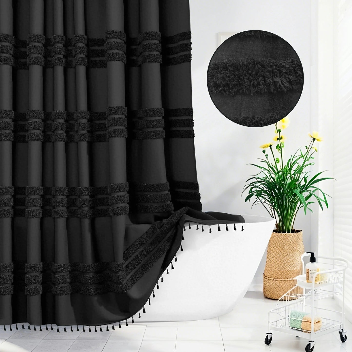 Boho Tufted Textured Striped Tassel Shower Curtain