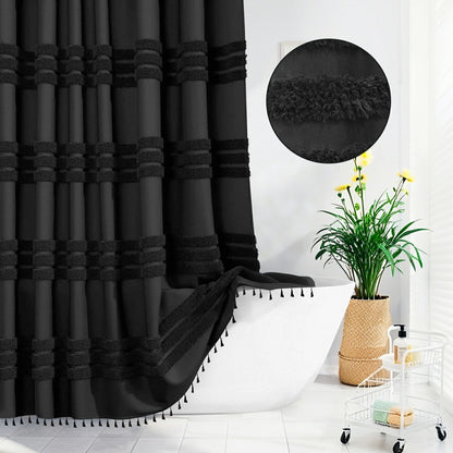 Boho Tufted Textured Striped Tassel Shower Curtain
