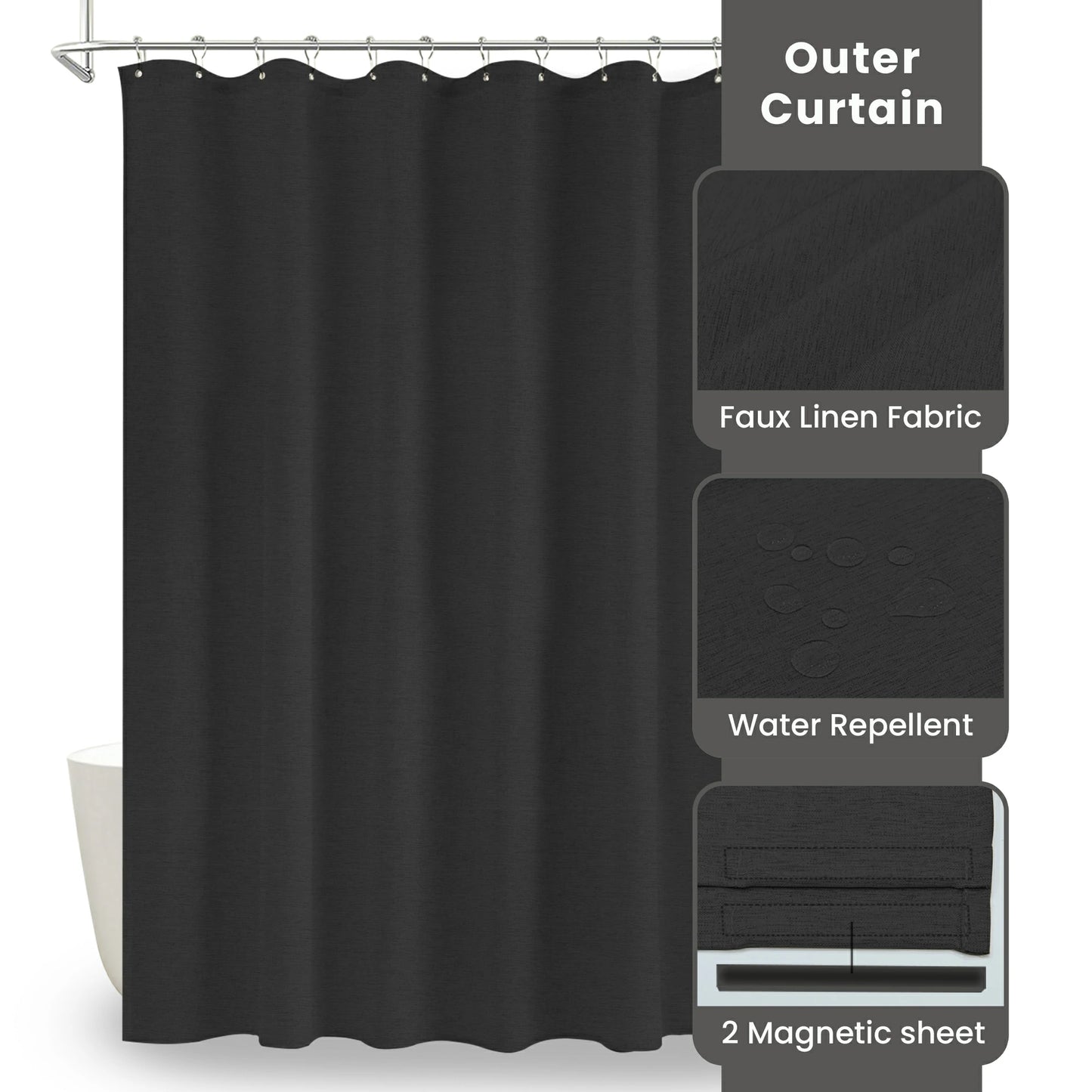 Faux Linen Wrinkleless Shower Curtain Set with Liner (Black)