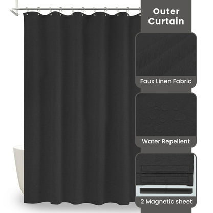 Faux Linen Wrinkleless Shower Curtain Set with Liner (Black)