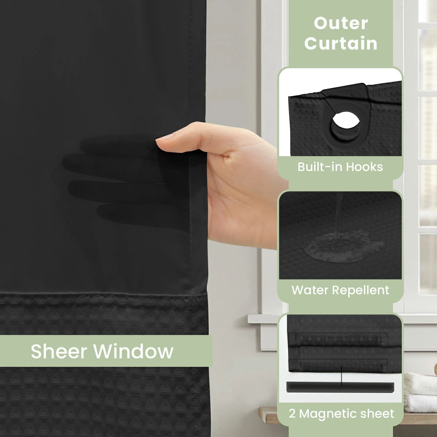 Waffle Weave Hookless Shower Curtain Set with Window