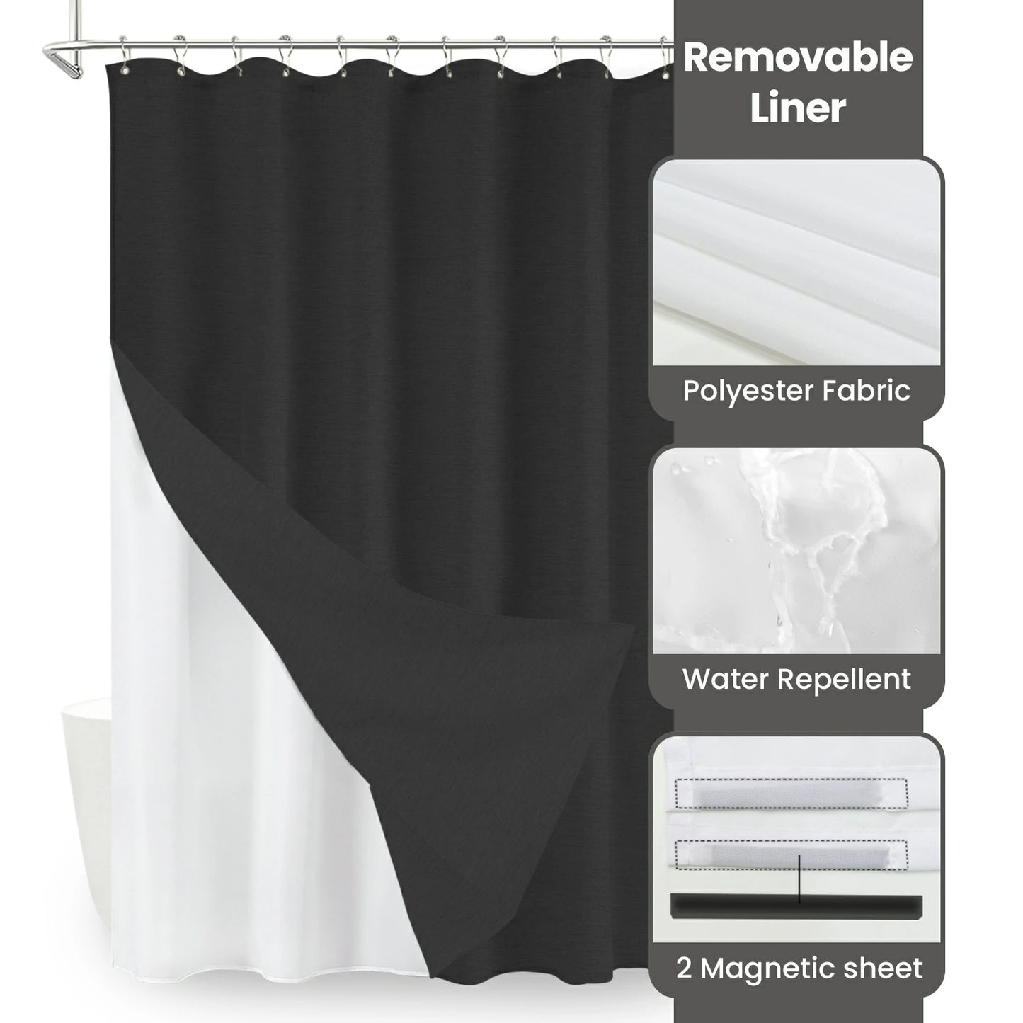 Faux Linen Wrinkleless Shower Curtain Set with Liner (Black)