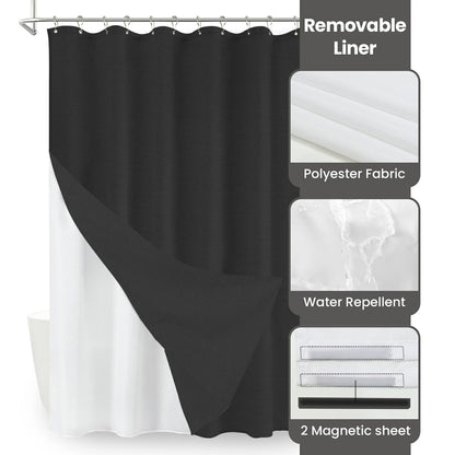 Faux Linen Wrinkleless Shower Curtain Set with Liner (Black)