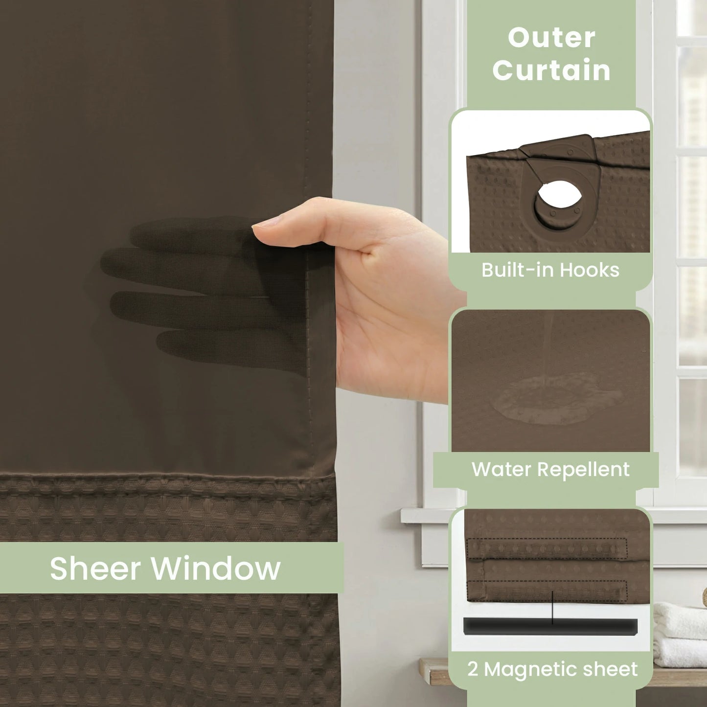 Waffle Weave Hookless Shower Curtain Set with Window