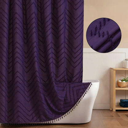 Tufted Textured Chevron Striped Tassel Shower Curtain (Purple)