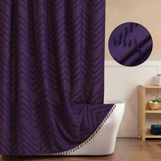Tufted Textured Chevron Striped Tassel Shower Curtain (Purple)