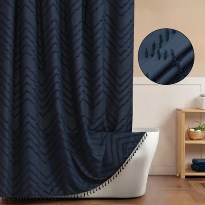 Tufted Textured Chevron Striped Tassel Shower Curtain (Navy Blue)