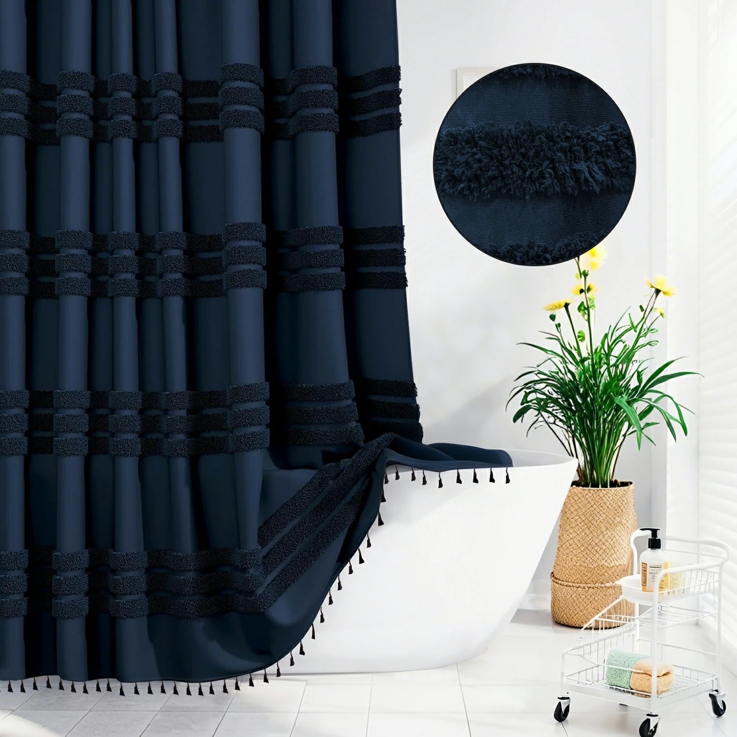 Boho Tufted Textured Striped Tassel Shower Curtain