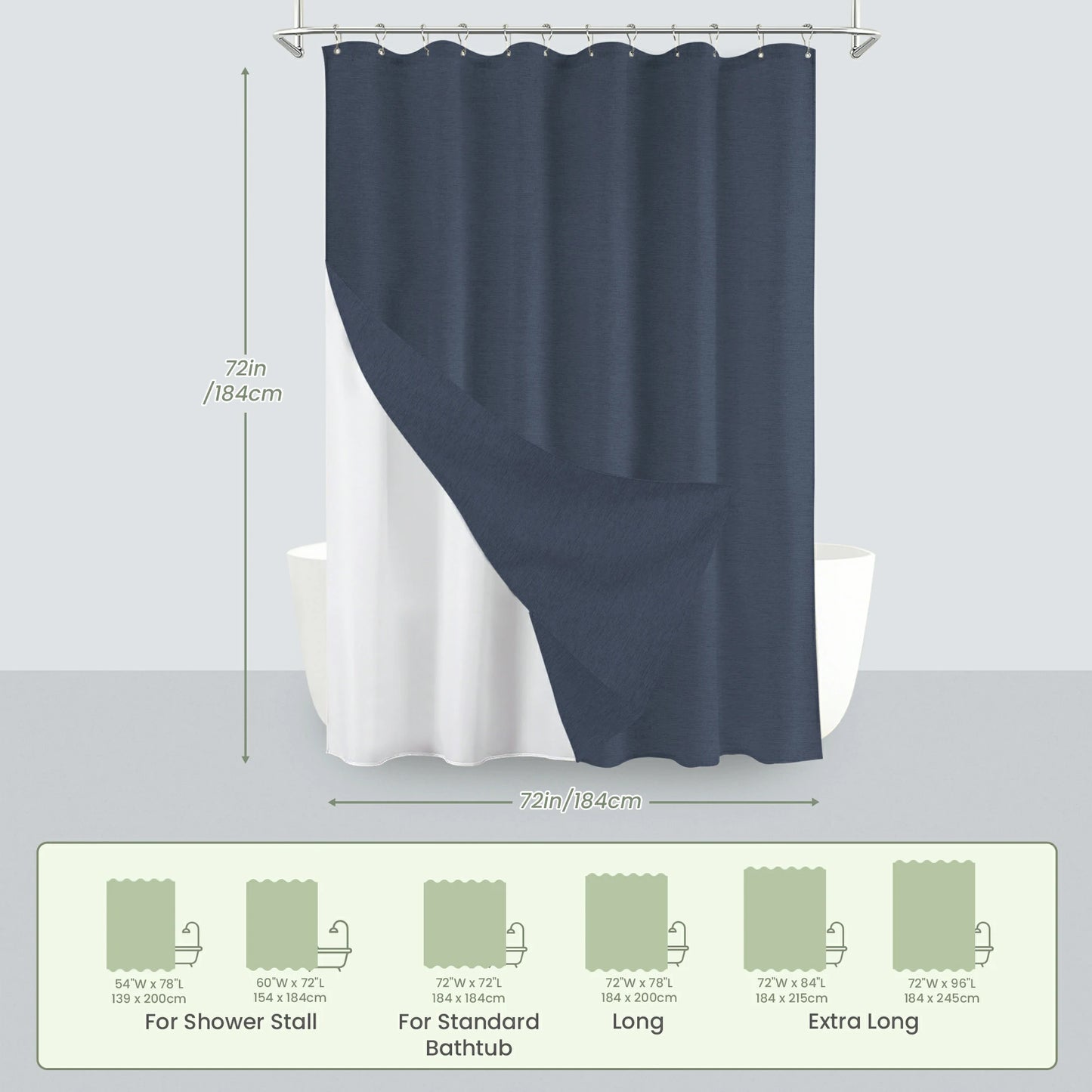 Faux Linen Wrinkleless Shower Curtain Set with Liner (Navy Blue)