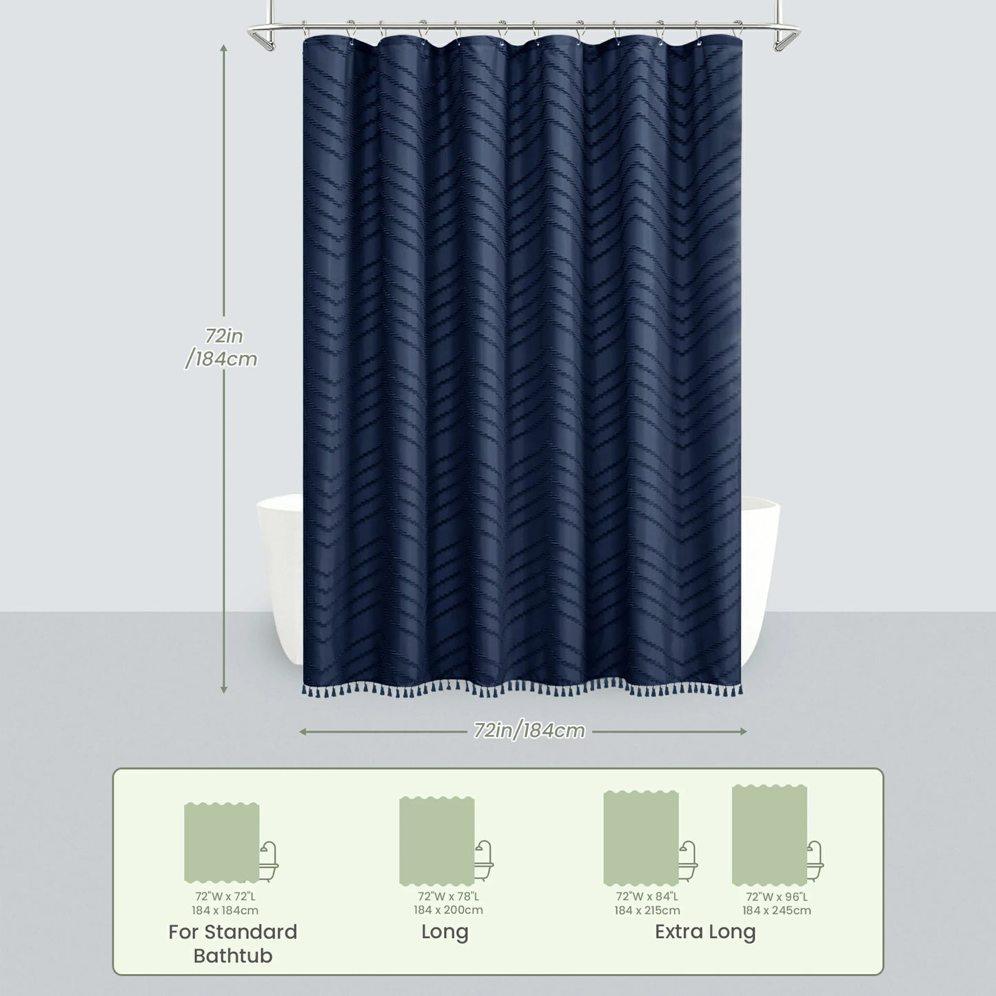 Tufted Textured Chevron Striped Tassel Shower Curtain (Navy Blue)