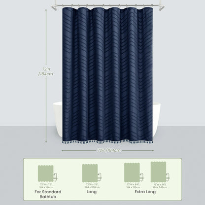 Tufted Textured Chevron Striped Tassel Shower Curtain (Navy Blue)