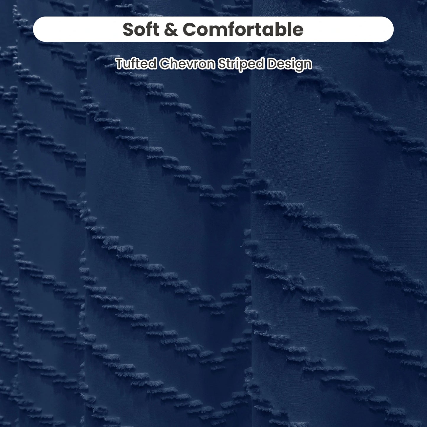 Tufted Textured Chevron Striped Tassel Shower Curtain (Navy Blue)
