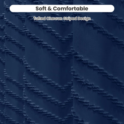 Tufted Textured Chevron Striped Tassel Shower Curtain (Navy Blue)