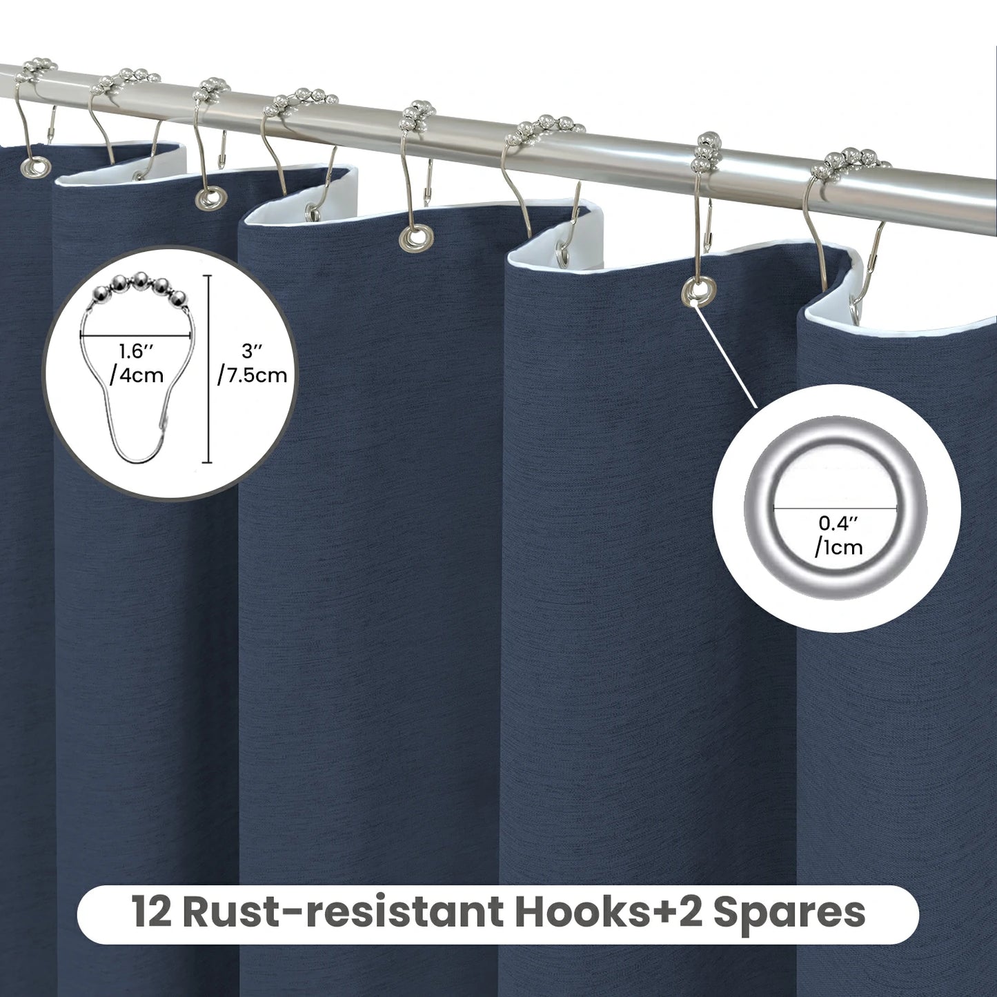 Faux Linen Wrinkleless Shower Curtain Set with Liner (Navy Blue)