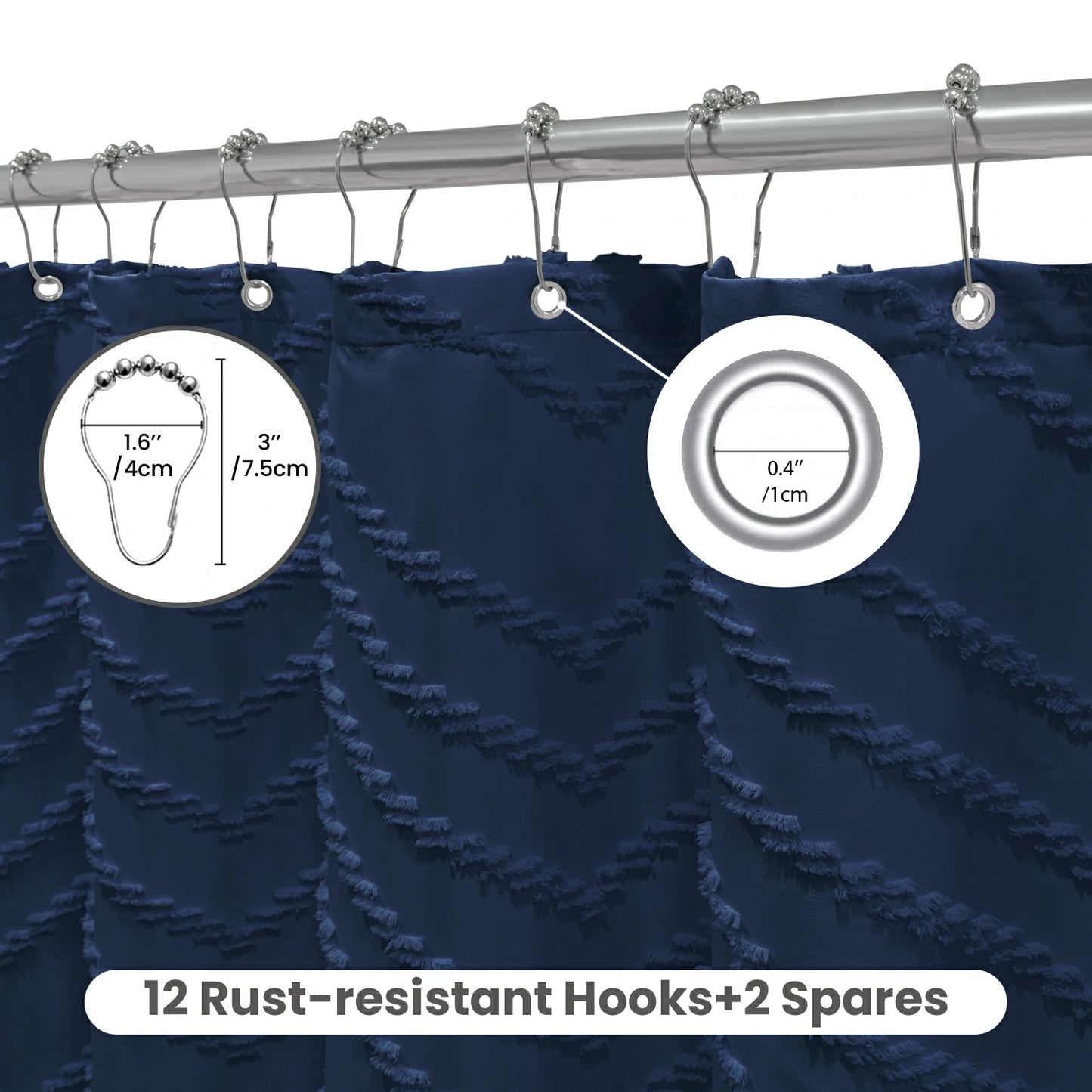 Tufted Textured Chevron Striped Tassel Shower Curtain (Navy Blue)