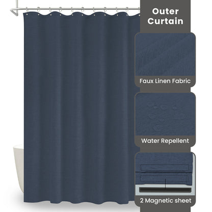 Faux Linen Wrinkleless Shower Curtain Set with Liner (Navy Blue)