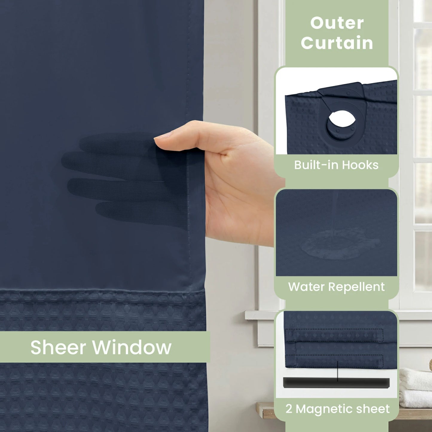 Waffle Weave Hookless Shower Curtain Set with Window