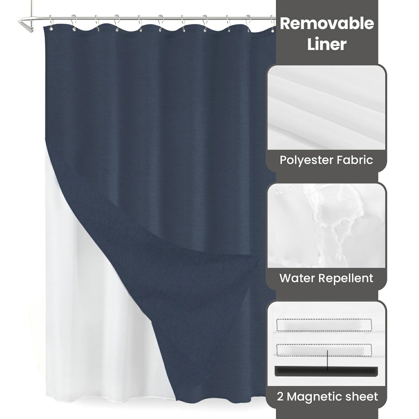 Faux Linen Wrinkleless Shower Curtain Set with Liner (Navy Blue)