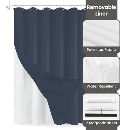 Faux Linen Wrinkleless Shower Curtain Set with Liner (Navy Blue)