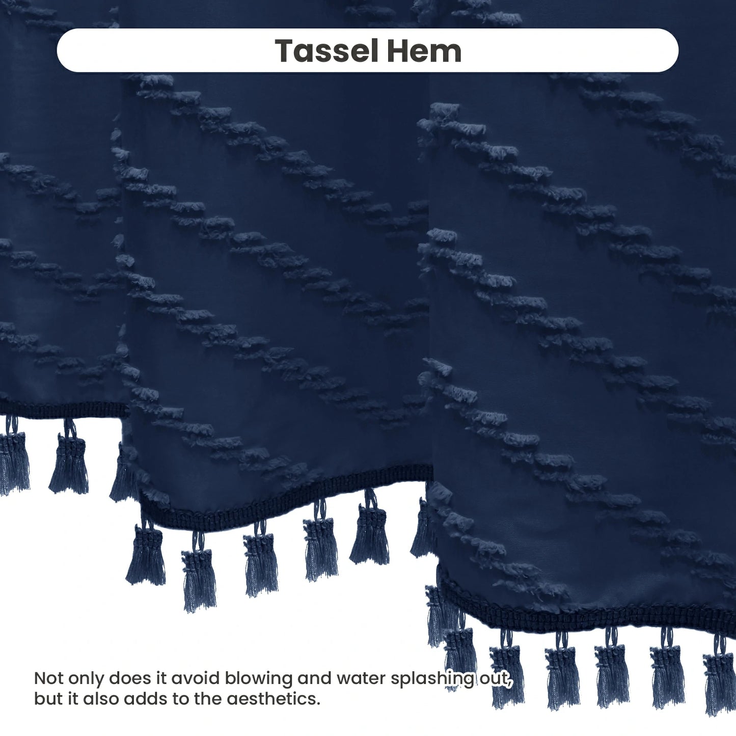 Tufted Textured Chevron Striped Tassel Shower Curtain (Navy Blue)