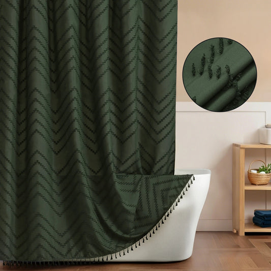 Tufted Textured Chevron Striped Tassel Shower Curtain (Dark Green)