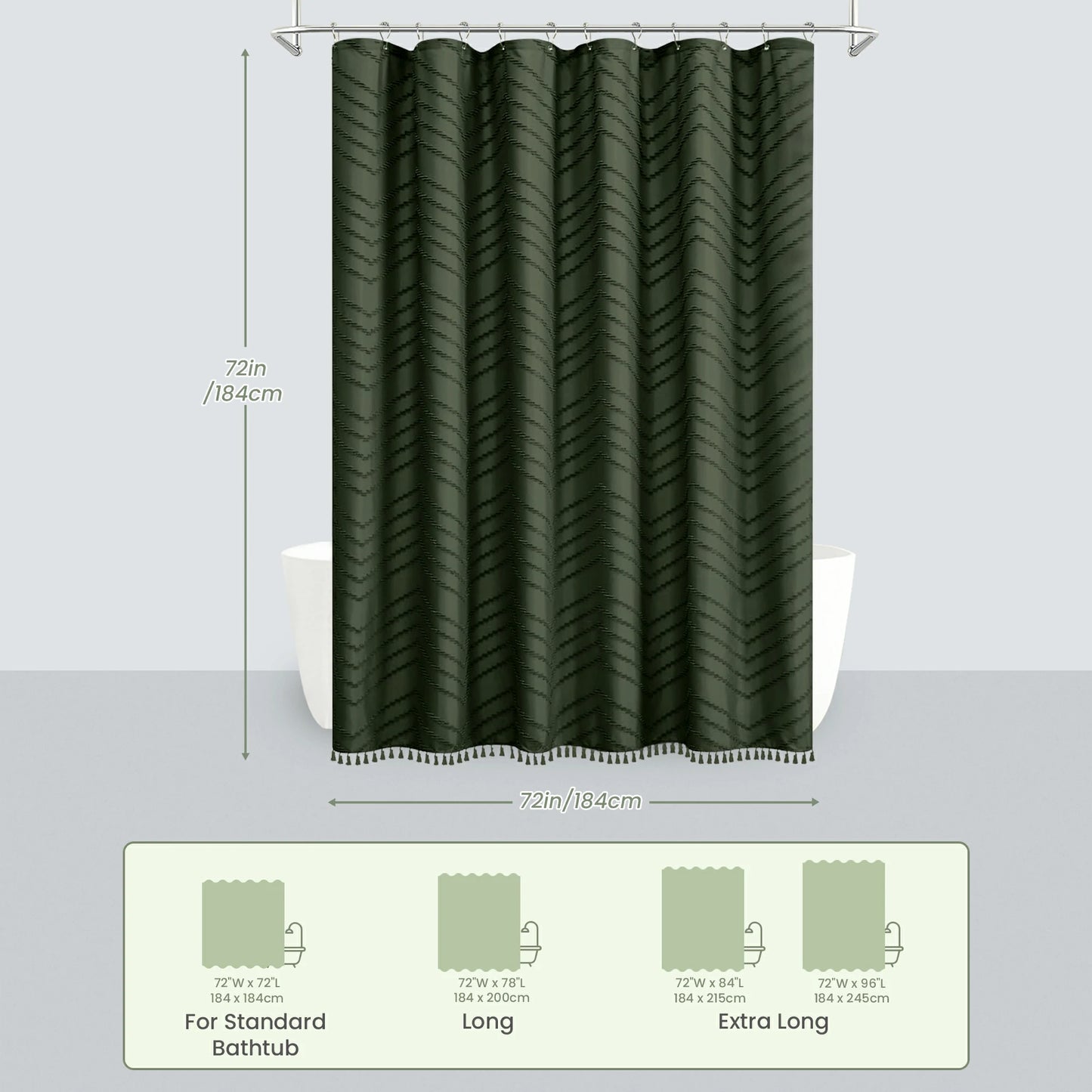 Tufted Textured Chevron Striped Tassel Shower Curtain (Dark Green)