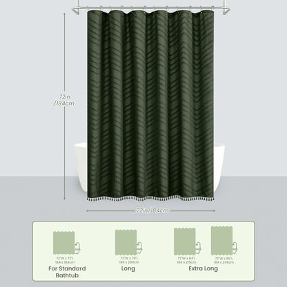 Tufted Textured Chevron Striped Tassel Shower Curtain (Dark Green)