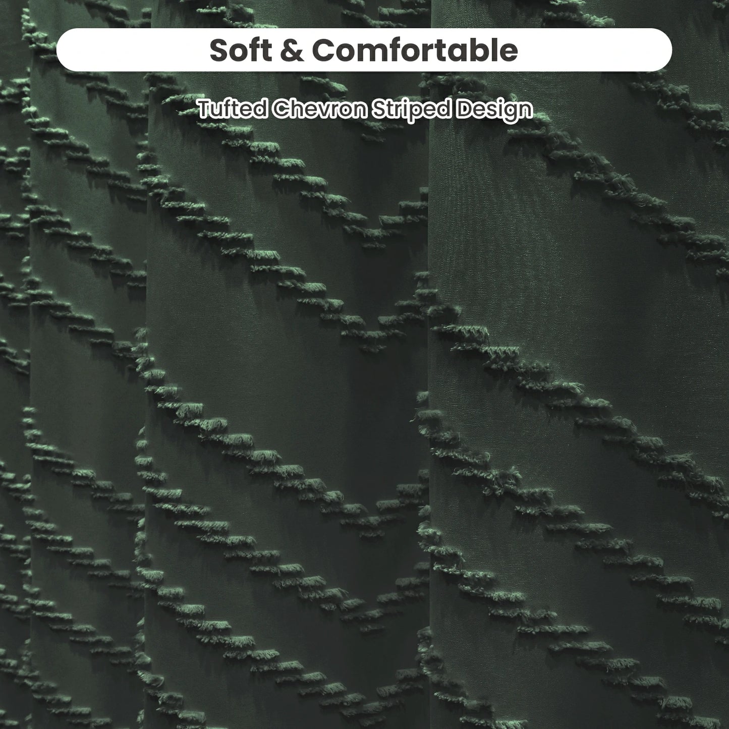 Tufted Textured Chevron Striped Tassel Shower Curtain (Dark Green)
