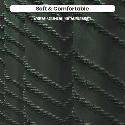 Tufted Textured Chevron Striped Tassel Shower Curtain (Dark Green)