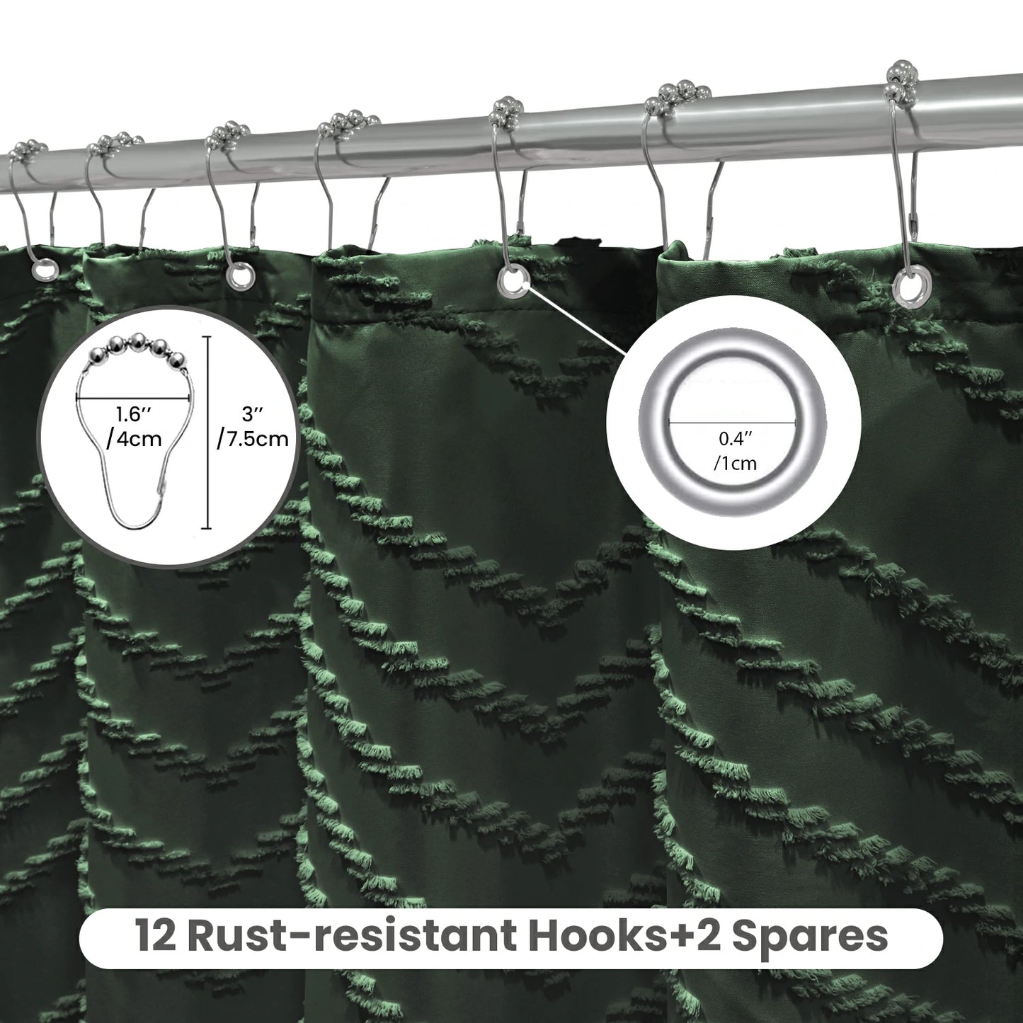 Tufted Textured Chevron Striped Tassel Shower Curtain (Dark Green)