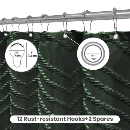 Tufted Textured Chevron Striped Tassel Shower Curtain (Dark Green)