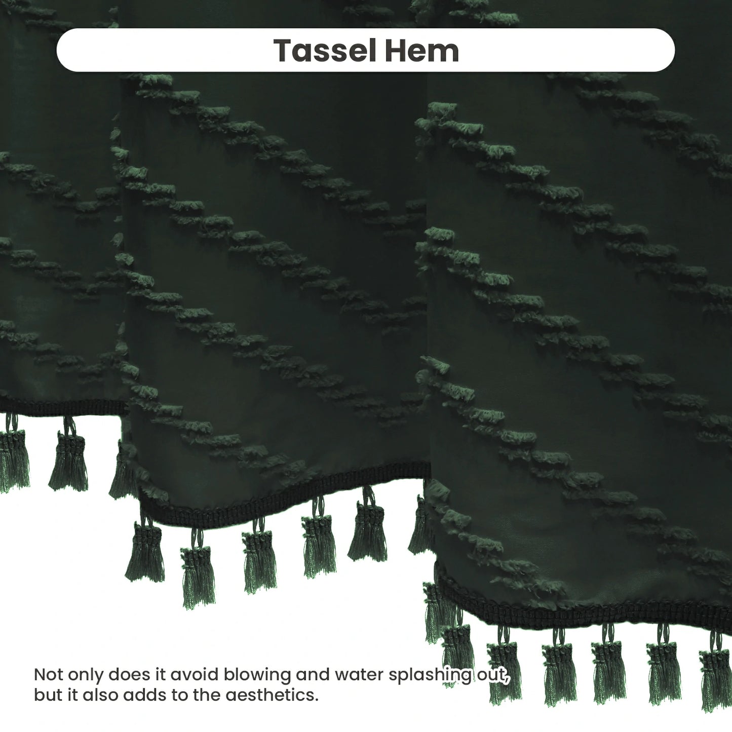 Tufted Textured Chevron Striped Tassel Shower Curtain (Dark Green)