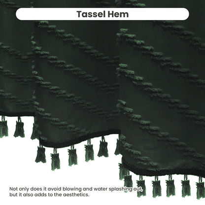 Tufted Textured Chevron Striped Tassel Shower Curtain (Dark Green)