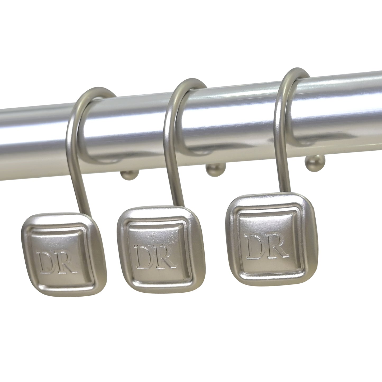 DR Monogram Shower Curtain Hooks, Set of 12, Smooth-Glide Curved Metal Hooks, Heavy-Duty Stainless Steel & Zinc Alloy, Electroplated Finish, Fits Most Standard Shower Rods