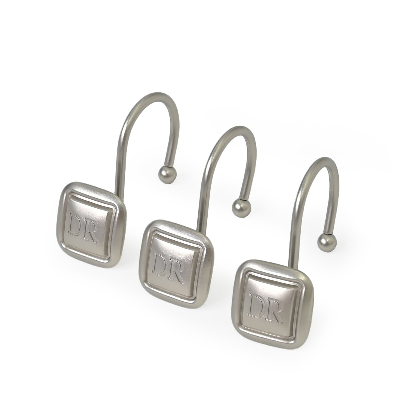 DR Monogram Shower Curtain Hooks, Set of 12, Smooth-Glide Curved Metal Hooks, Heavy-Duty Stainless Steel & Zinc Alloy, Electroplated Finish, Fits Most Standard Shower Rods