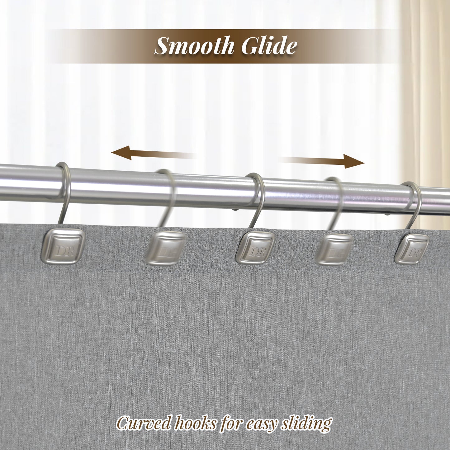 DR Monogram Shower Curtain Hooks, Set of 12, Smooth-Glide Curved Metal Hooks, Heavy-Duty Stainless Steel & Zinc Alloy, Electroplated Finish, Fits Most Standard Shower Rods