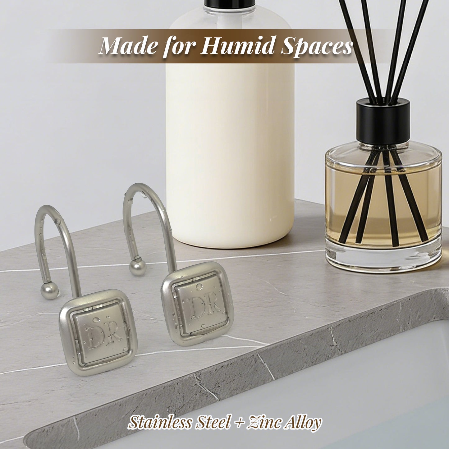 DR Monogram Shower Curtain Hooks, Set of 12, Smooth-Glide Curved Metal Hooks, Heavy-Duty Stainless Steel & Zinc Alloy, Electroplated Finish, Fits Most Standard Shower Rods