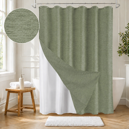 Faux Linen Wrinkleless Shower Curtain Set with Liner (Green)
